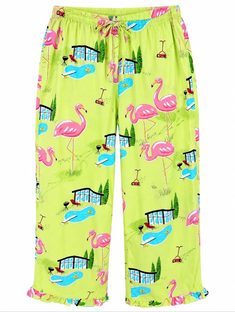 Vintage Nick & Nora Flamingo Pajama Pants M Capri Crop Pool Party Lime Green Y2K